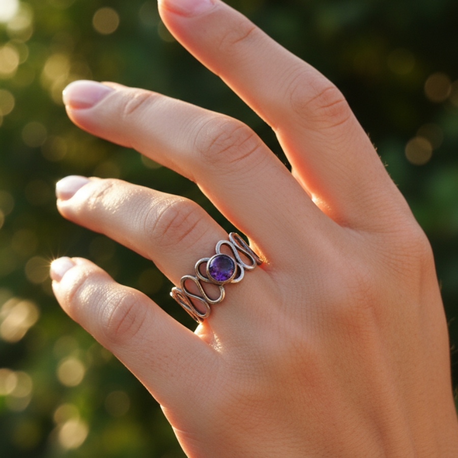 Close-up lifestyle shoot of the Amara Veil ring during golden hour outdoors.