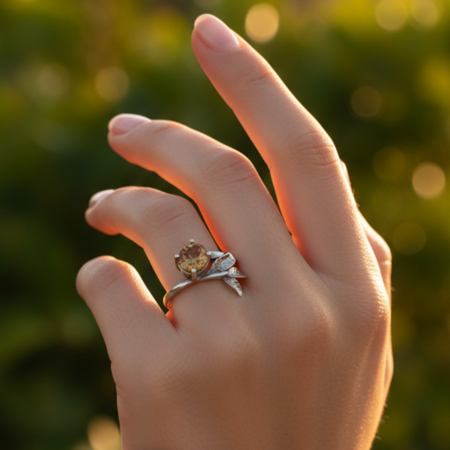 Lifestyle shoot of the Amarelle ring during golden hour outdoors.
