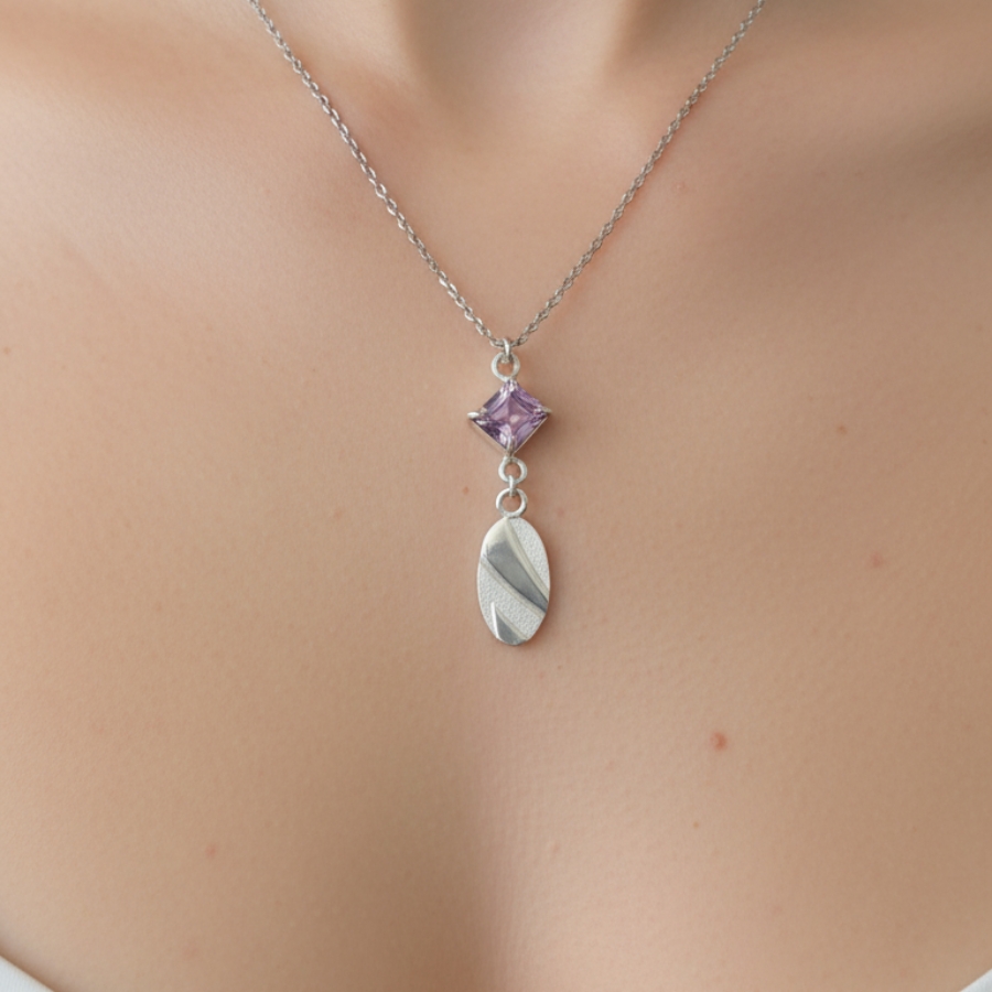 Close-up shoot of the Lavender Grace necklace.
