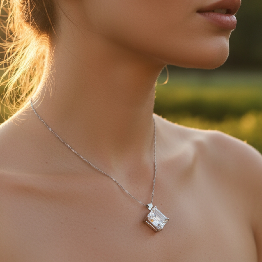 Lifestyle shoot of the Topaz Drop necklace during golden hour outdoors.