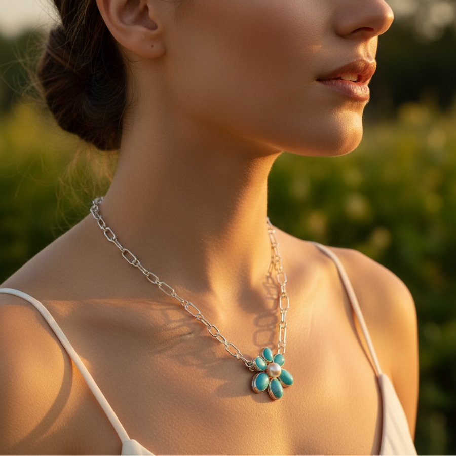 Lifestyle shoot of the Water Lily necklace during golden hour outdoors.